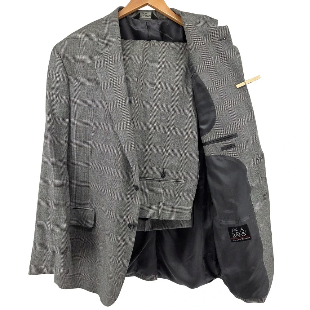 Jos A Bank Signature Collection 46L Suit‎ Jacket Gray Glen Plaid 100% Wool